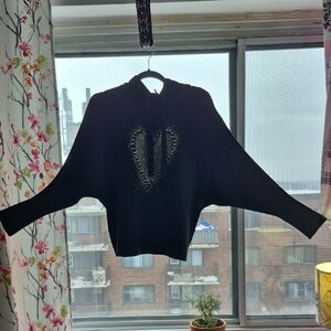 Stretchy Black Knit & Rhinestone Heart Hoodie Sweater US XS